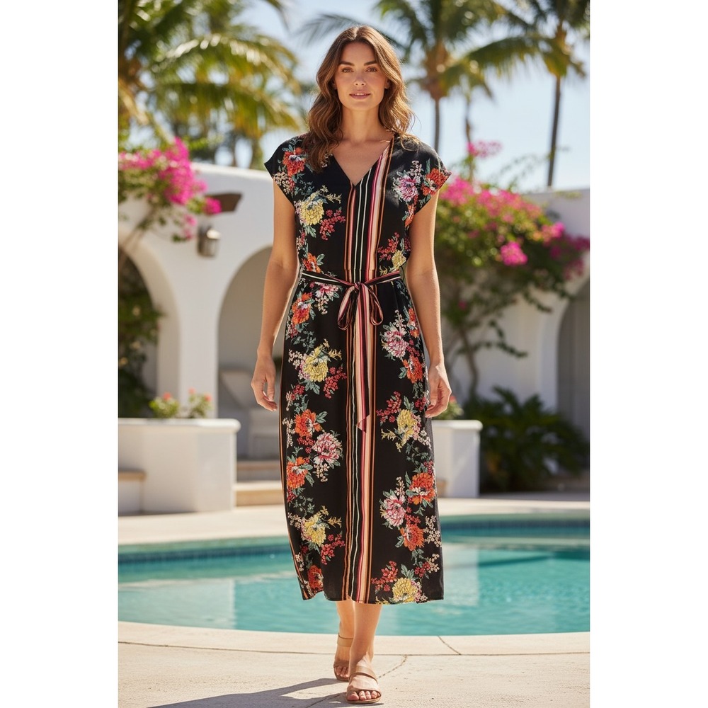 dRA Los Angeles Floral Stripe V-Neck Belted Midi Dress Black White Womens Medium